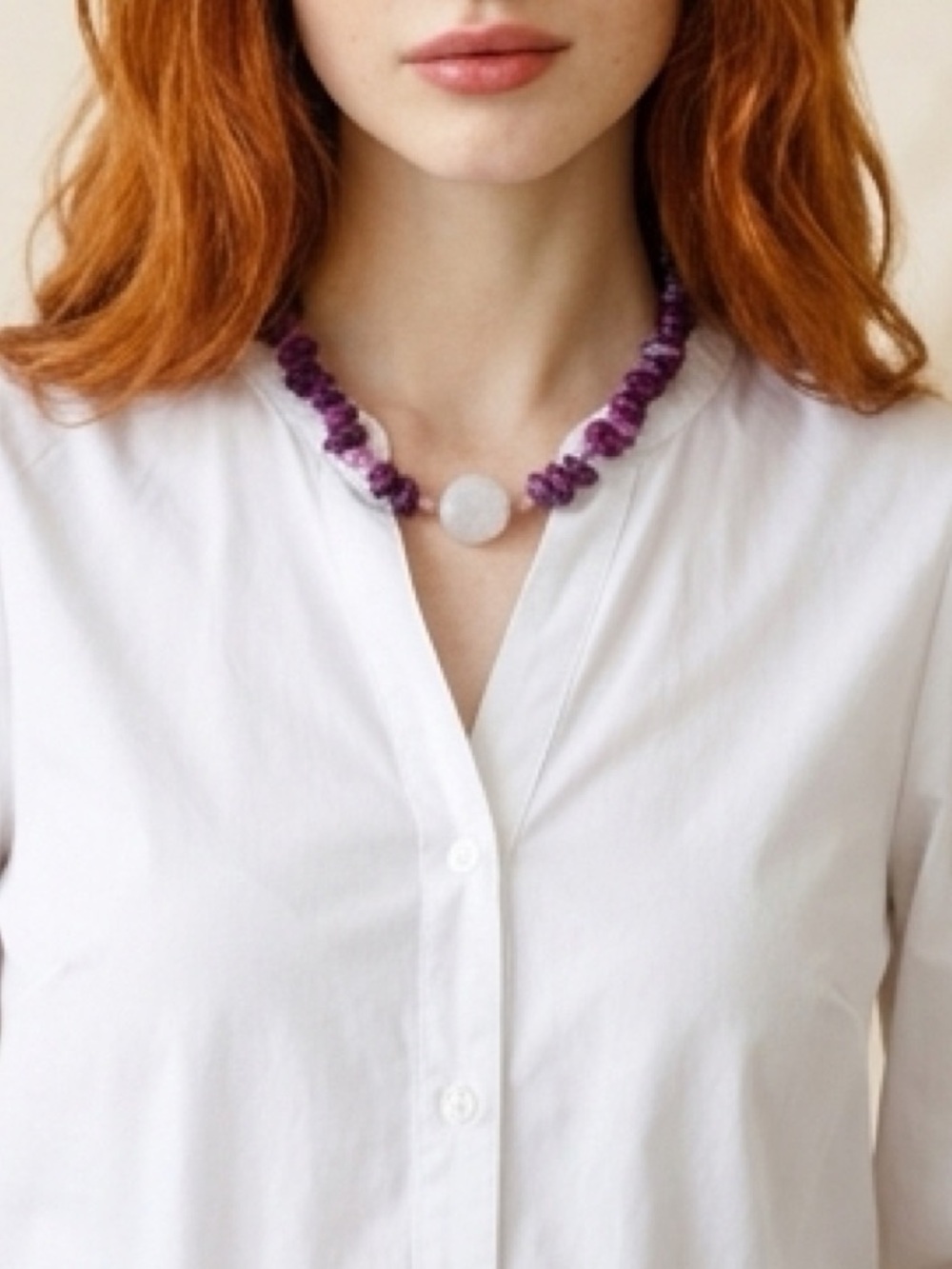 Artisan Agate Purple Beaded Necklace with White Agate stone